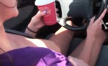 Sexy blonde ex-GF showing off tits in the car