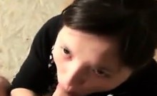 Short haired teen delivers a deep blowjob and gets a mouthf