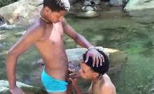Heated Latinos having oral sex outdoors